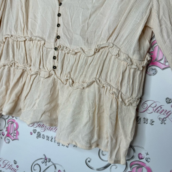 Buffalo long sleeve blouse top crochet style button down blouse puff ruffle boho - Picture 4 of 7